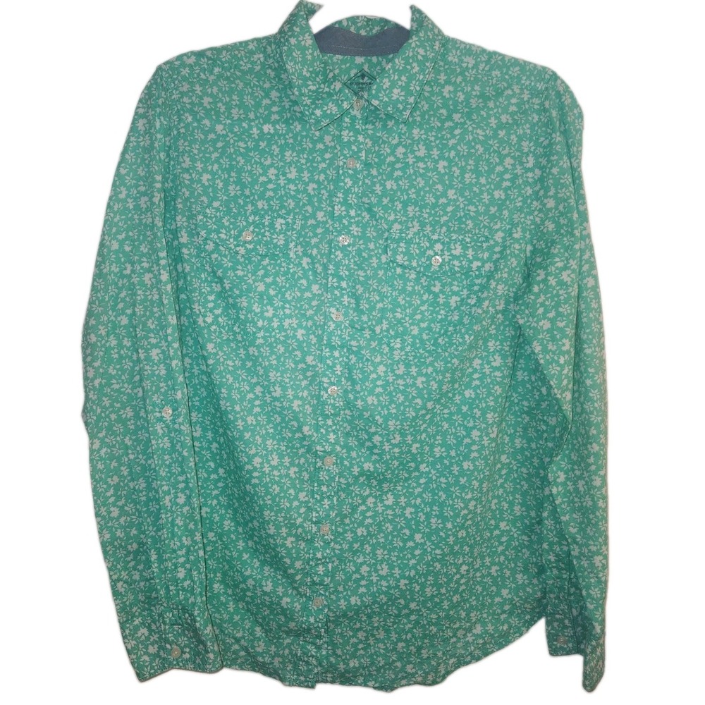 St. Johns Bay Womens Medium Green Floral Long Sleeve Button Down Shirt Cotton